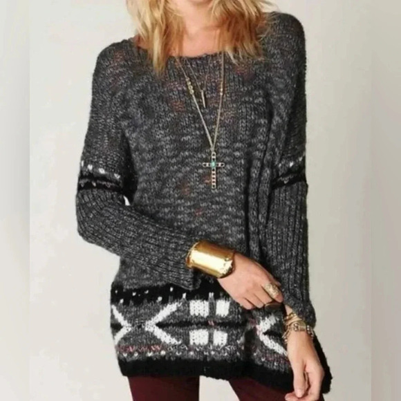 FREE PEOPLE Gray Fair Isle Oversized Wool Sweater Pullover Top Size S/P - Picture 1 of 9